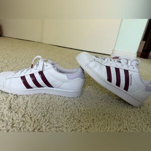 Adidas Superstar White and Burgundy Sneakers